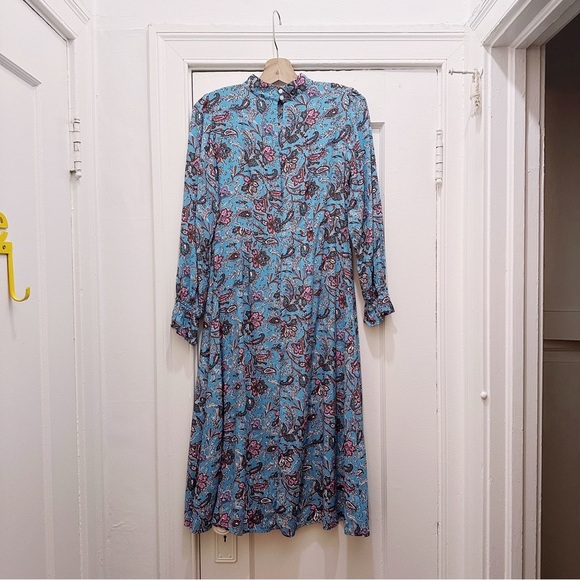 Loft Bohemian Floral Blue Midi Dress Leg Slit Paisley Long Sleeve - Picture 4 of 6